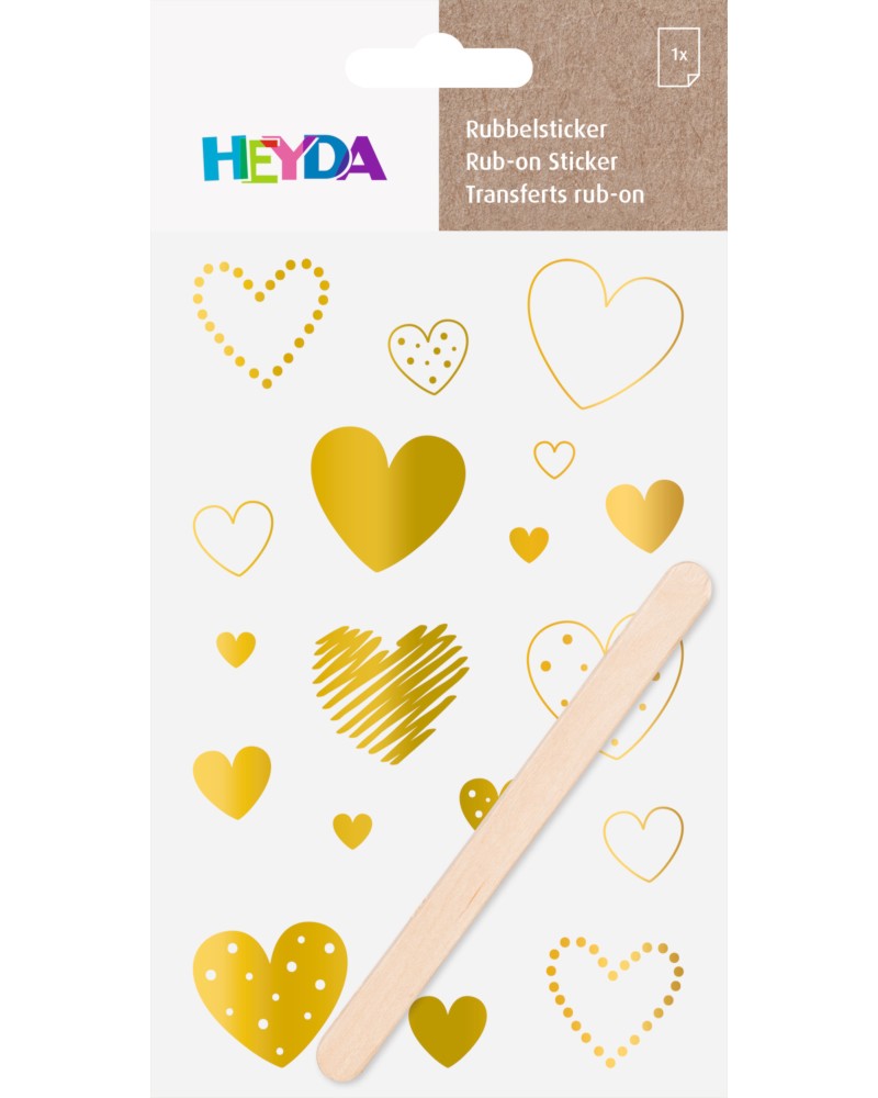 Лист трансферни стикери Heyda - Сърца Лист трансферни стикери Heyda - Сърца - 19 броя с дървена шпатула -