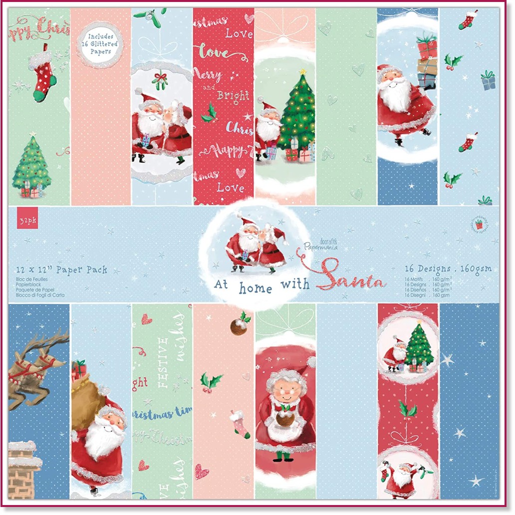 Хартии за скрапбукинг Docrafts At Home with Santa Хартии за скрапбукинг Docrafts At Home with Santa - 32 листа, 30.5 x 30.5 cm -