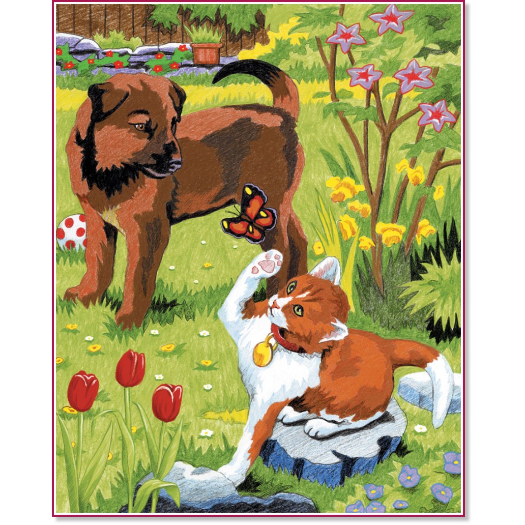 Рисуване по номера Royal & Langnickel - Куче и коте - 22 x 30 cm с цветни моливи - 