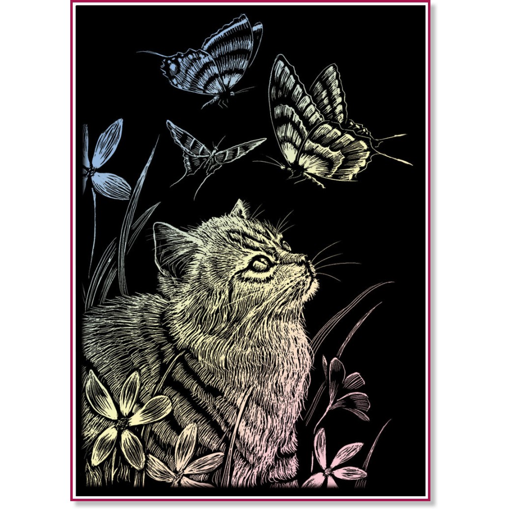 Скреч картина Royal & Langnickel - Коте и пеперуди Скреч картина Royal & Langnickel - Коте и пеперуди - 13 x 18 cm -