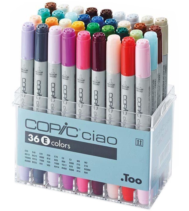 Двувърхи маркери Copic Set E Двувърхи маркери Copic Set E - 36 цвята от серията Ciao -