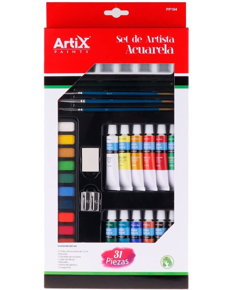 Акварелни бои и пастели MP Artix - С четки, палитра, острилка, гума и молив - 