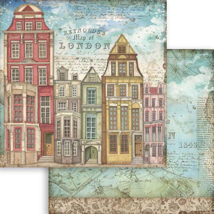 Хартия за скрапбукинг Stamperia - Лондонски къщи - 30.5 x 30.5 cm - 