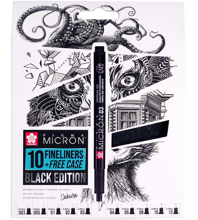 Черни тънкописци Sakura Black Edition Черни тънкописци Sakura Black Edition - 10 броя в калъф от серията Pigma Micron -