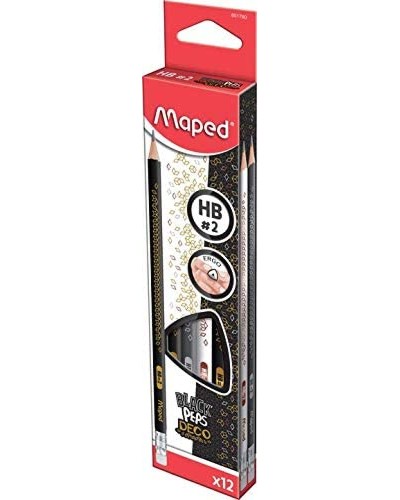 Графитни моливи HB Maped Deco Графитни моливи HB Maped Deco - 12 броя с гумички от серията Black'Peps -