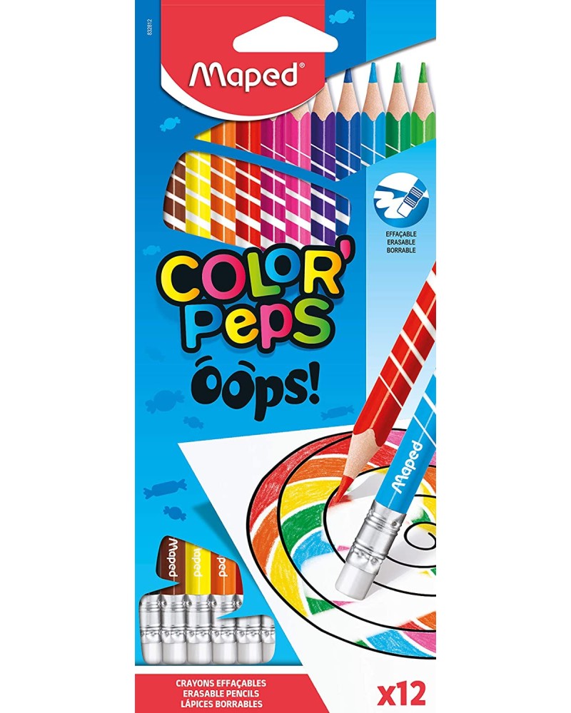 Цветни моливи Maped Oops - 12 или 24 цвята с гумички от серията "Color' Peps" - 