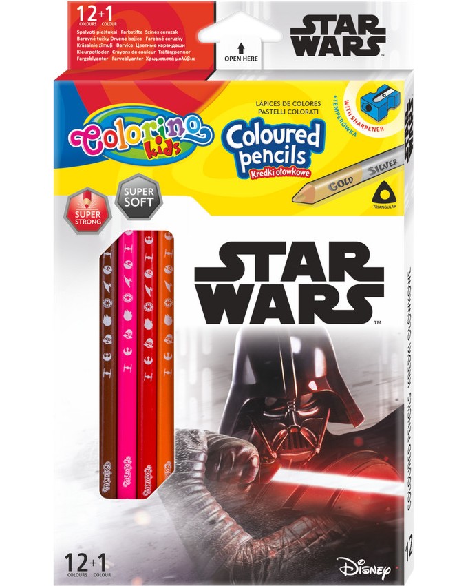 Цветни моливи Colorino Kids - 13 молива и острилка на тема "Междузвездни войни" - 