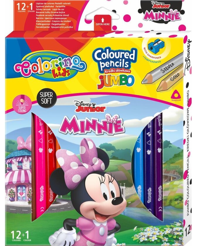 Цветни моливи Colorino Kids Jumbo - 13 молива и острилка на тема "Мики Маус" - 
