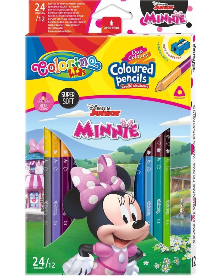 Двустранни цветни моливи Colorino Kids Super Soft Двустранни цветни моливи Colorino Kids Super Soft - 12 броя в 24 цвята и острилка на тема Мики Маус -
