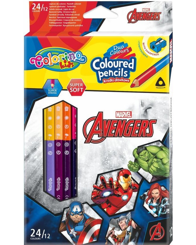 Двустранни цветни моливи Colorino Kids Super Soft Двустранни цветни моливи Colorino Kids Super Soft - 24 цвята и острилка на тема Отмъстителите -