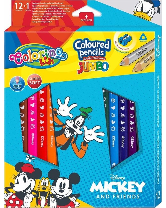 Цветни моливи Colorino Kids Jumbo Цветни моливи Colorino Kids Jumbo - 12 цвята и острилка на тема Мики Маус -