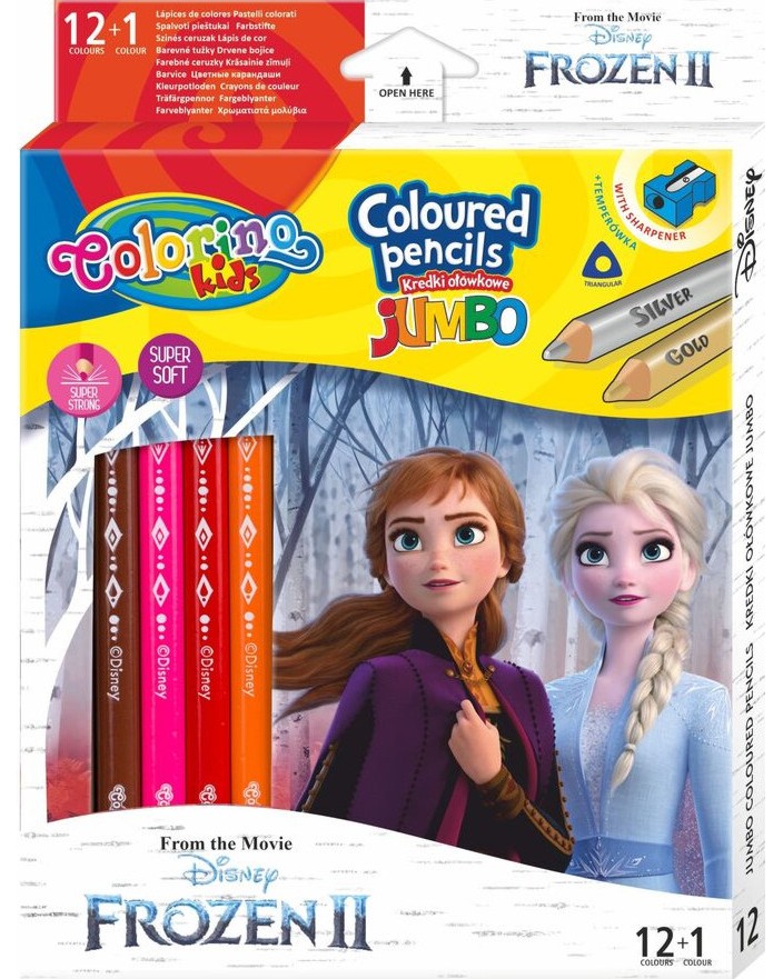 Цветни моливи Colorino Kids Jumbo Цветни моливи Colorino Kids Jumbo - 13 броя и острилка на тема Замръзналото кралство -