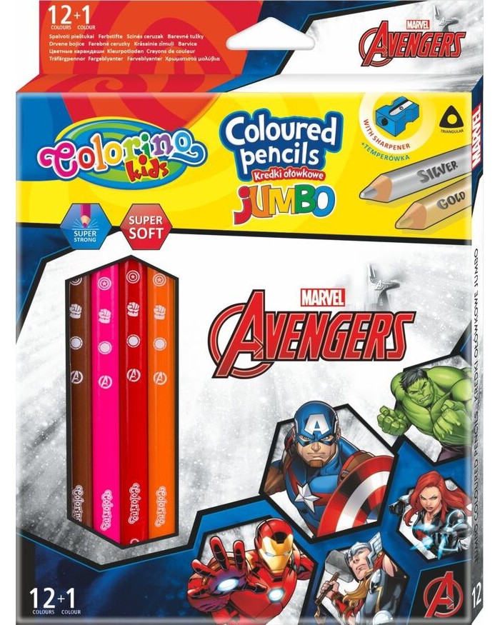 Цветни моливи Colorino Kids Jumbo Цветни моливи Colorino Kids Jumbo - 13 броя и острилка на тема Отмъстителите -