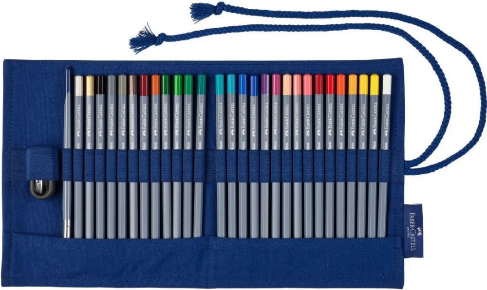 Акварелни моливи Faber-Castell Акварелни моливи Faber-Castell - 27 цвята, острилка, четка и калъф от серията Goldfaber -