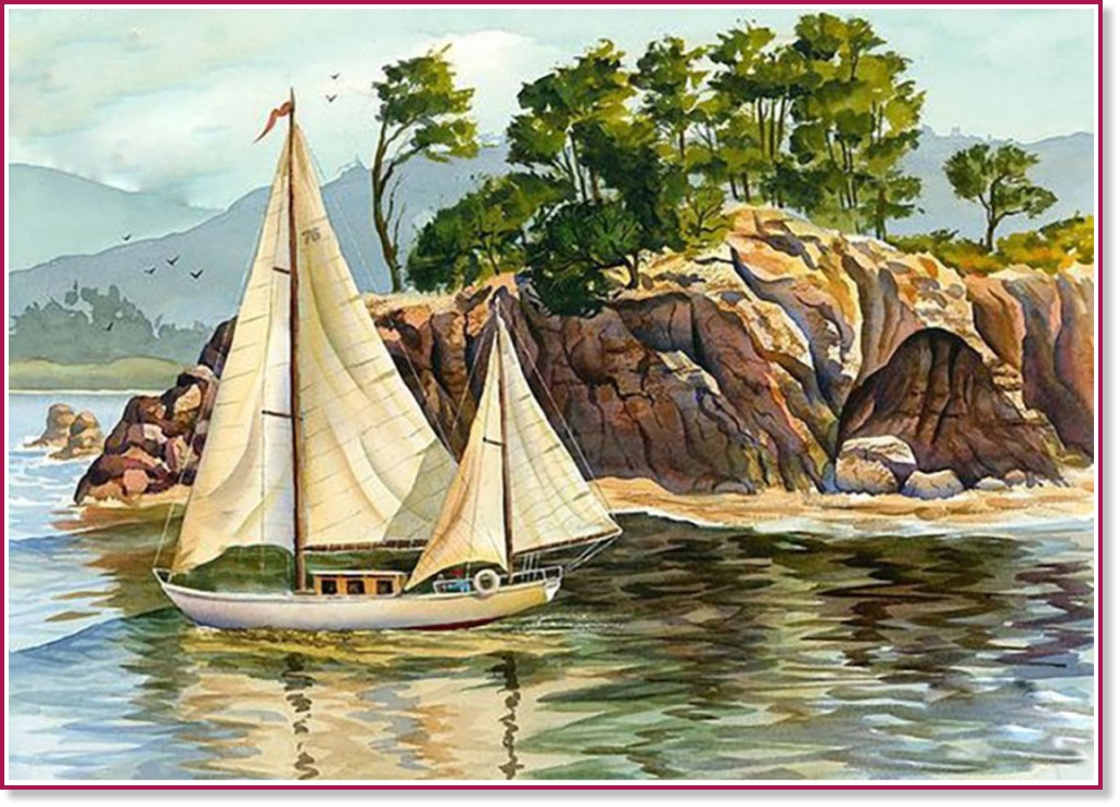 Картина за декориране с камъчета - Лодка - 27 x 38 cm - 