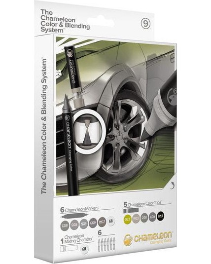 Двувърхи маркери Chameleon Color and Blending System 9 Двувърхи маркери Chameleon Color and Blending System 9 - 5 цветни маркера, 5 цветни смесителя, 6 писеца и 2 блендера -