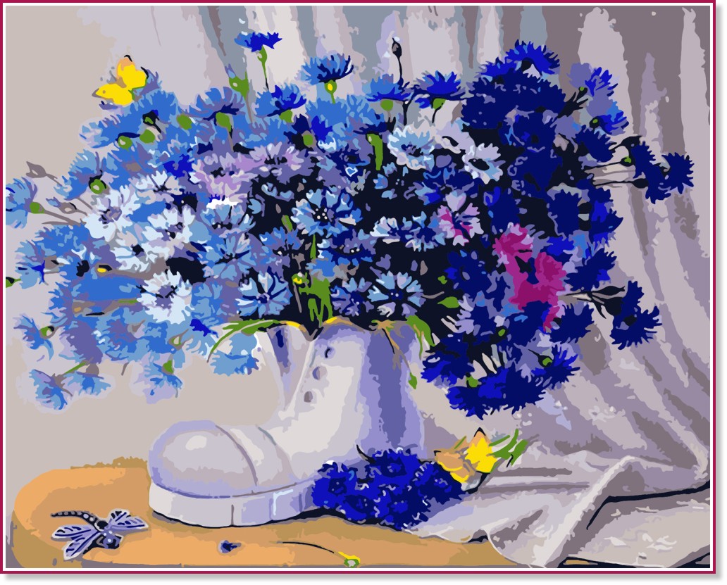 Рисуване по номера Newart - Сини цветя в ботуш Рисуване по номера Newart - Сини цветя в ботуш - 50 x 40 cm -