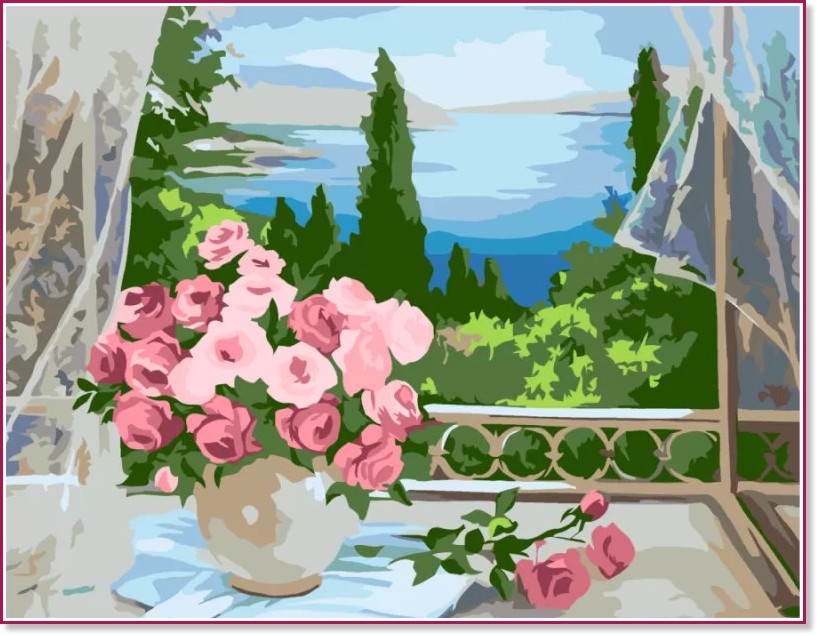 Рисуване по номера Rosa - Ваза с рози на прозореца - 45 x 35 cm - 