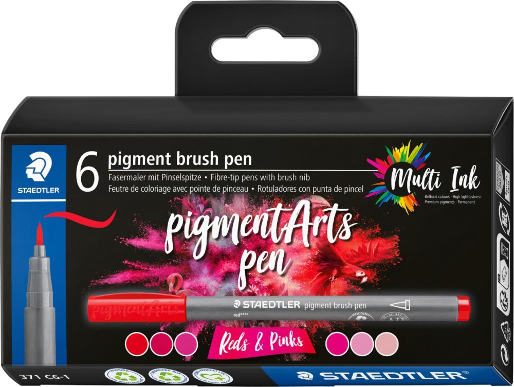 Маркери с връх тип четка Staedtler Pigment Arts 371 Reds and Pinks Маркери с връх тип четка Staedtler Pigment Arts 371 Reds and Pinks - 6 цвята -