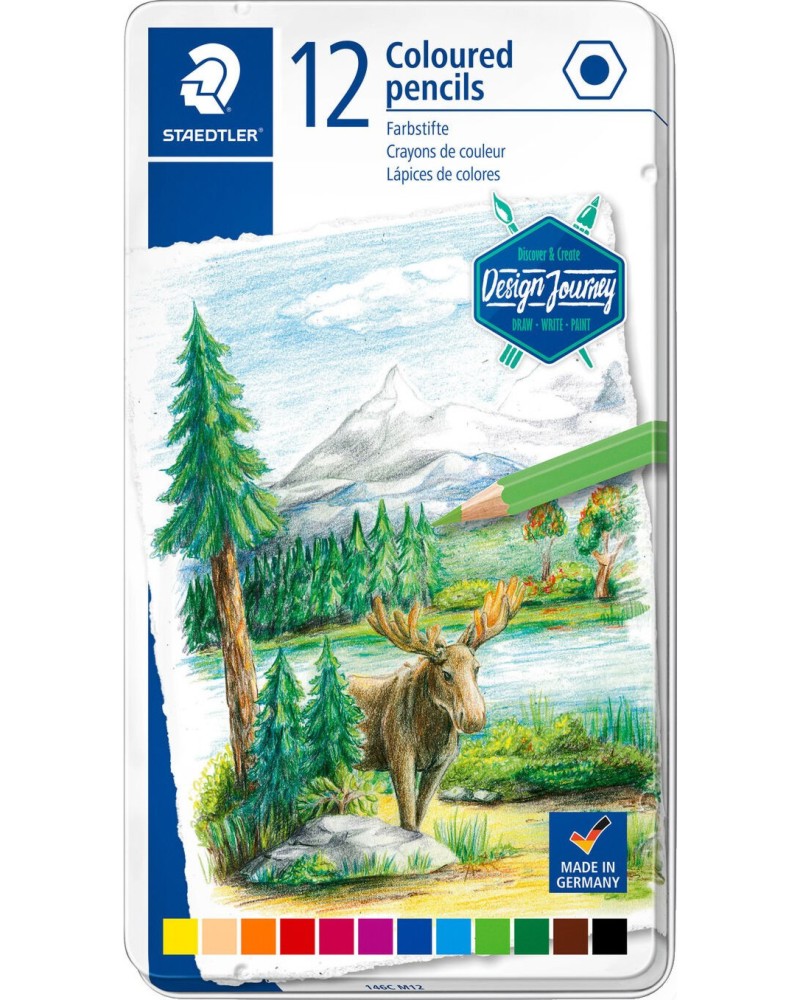 Цветни моливи Staedtler Цветни моливи Staedtler - 12, 24, 48 или 72 цвята в метална кутия от серията Design Journey -
