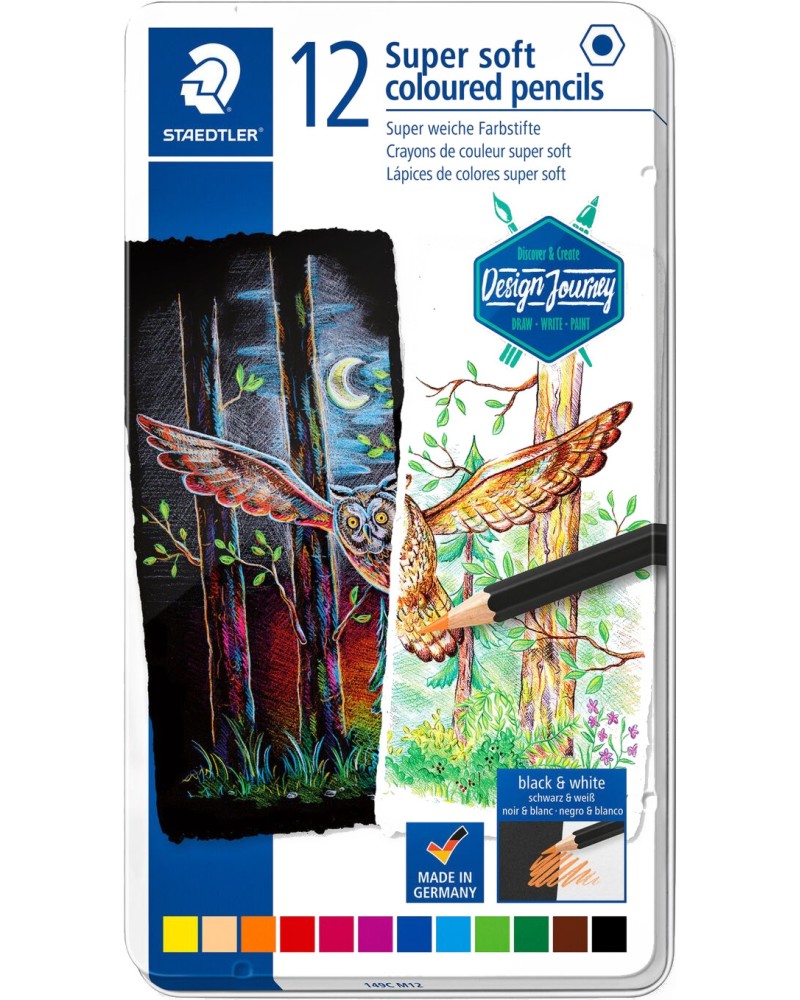 Цветни моливи Staedtler Цветни моливи Staedtler - 12 или 24 цвята в метална кутия от серията Design Journey -