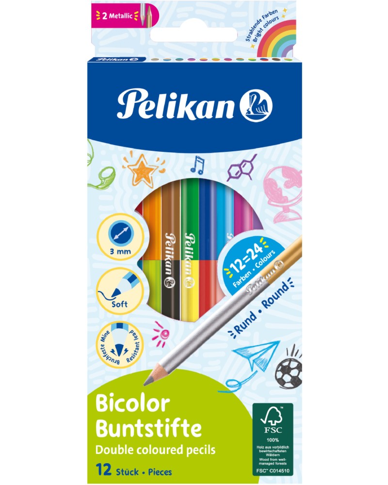 Цветни моливи Pelikan Bicolor - 12 броя в 24 цвята - 