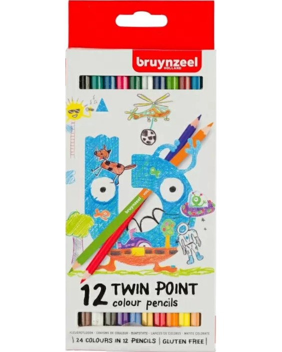Двустранни цветни моливи Bruynzeel Twin Point Двустранни цветни моливи Bruynzeel Twin Point - 12 броя в 24 цвята от серията Kids -