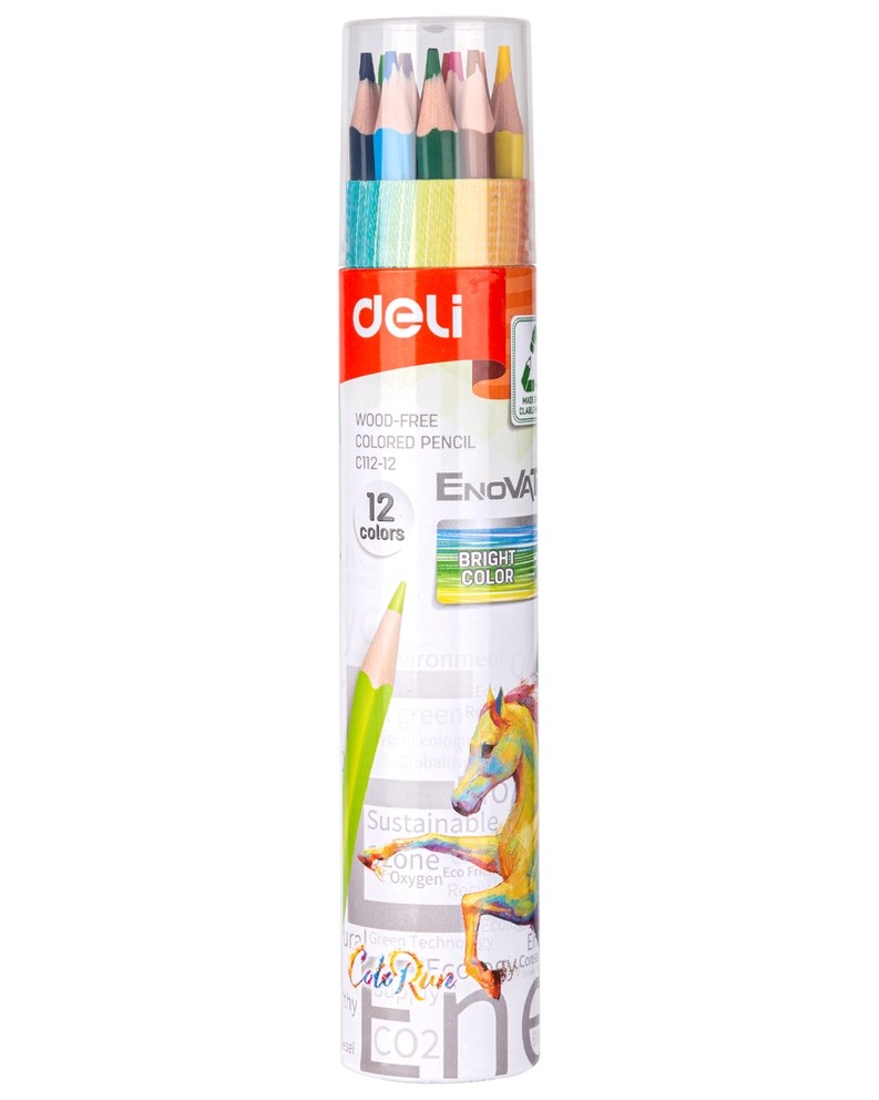Цветни моливи Deli Enovation Цветни моливи Deli Enovation - 12 или 24 цвята в тубус -