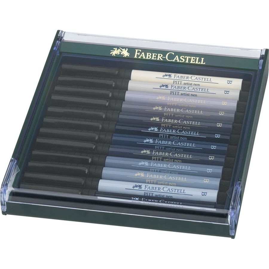 Маркери с връх тип четка Faber-Castell Grey tones Маркери с връх тип четка Faber-Castell Grey tones - 12 цвята от серията Pitt Artist Pens -