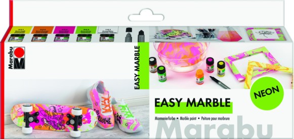Неонови бои с мраморен ефект Marabu Easy marble Неонови бои с мраморен ефект Marabu Easy marble - 5 цвята x 15 ml и маркер -
