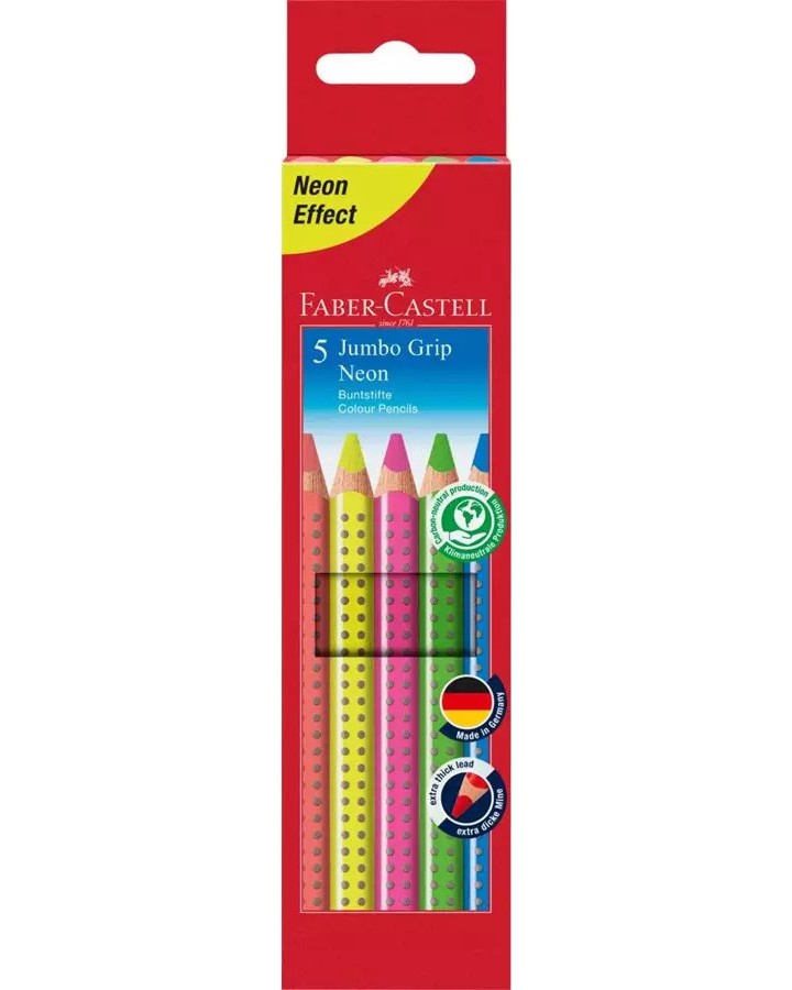 Цветни моливи Faber-Castell Jumbo Neon Цветни моливи Faber-Castell Jumbo Neon - 5 цвята -