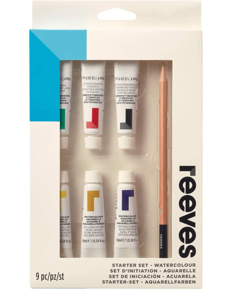 Акварелни бои Reeves Акварелни бои Reeves - 6 цвята x 10 ml, молив, четка и каширано платно -