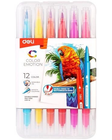 Двустранни флумастери Deli Двустранни флумастери Deli - 12 или 24 цвята от серията Color Emotion -