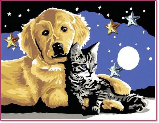 Рисуване по номера - Котка и куче - 30 x 20 cm - 