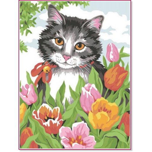 Рисуване по номера - Коте в цветя - 20 x 30 cm - 