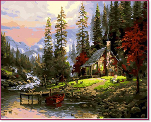 Рисуване по номера - Къща на планинско езеро - 50 x 40 cm - 