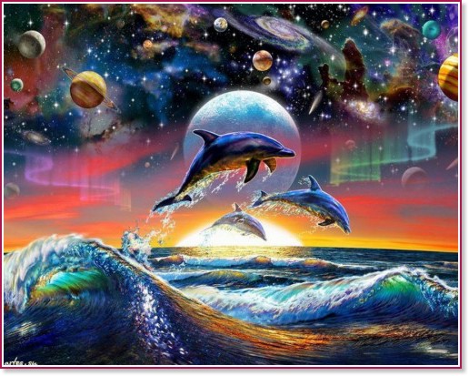 Рисуване по номера - Делфини и планети - 50 x 40 cm - 