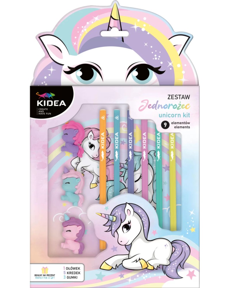 Цветни моливи Kidea Unicorn Цветни моливи Kidea Unicorn - 5 пастелни цвята, графитен молив и 3 гумички -