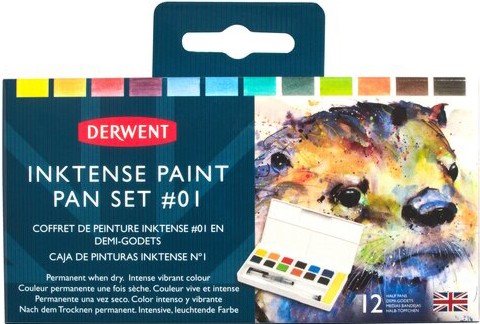 Перманентни акварелни бои Derwent Inktense - 12 цвята и четка с воден резервоар - 