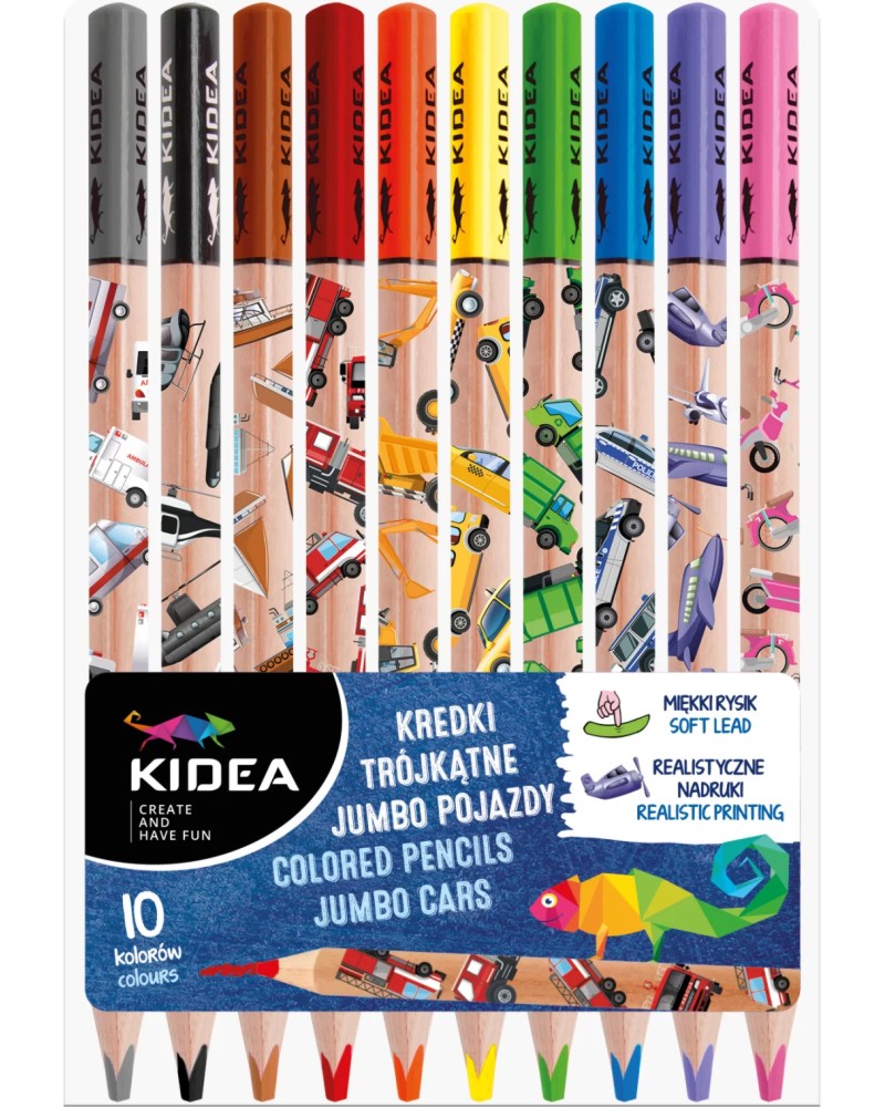 Цветни моливи Kidea Jumbo Cars Цветни моливи Kidea Jumbo Cars - 10 цвята -