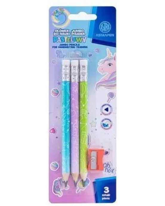 Графитни моливи HB Astra S.A. Jumbo - Еднорог Графитни моливи HB Astra S.A. Jumbo - Еднорог - 3 броя, с гумички и острилка -