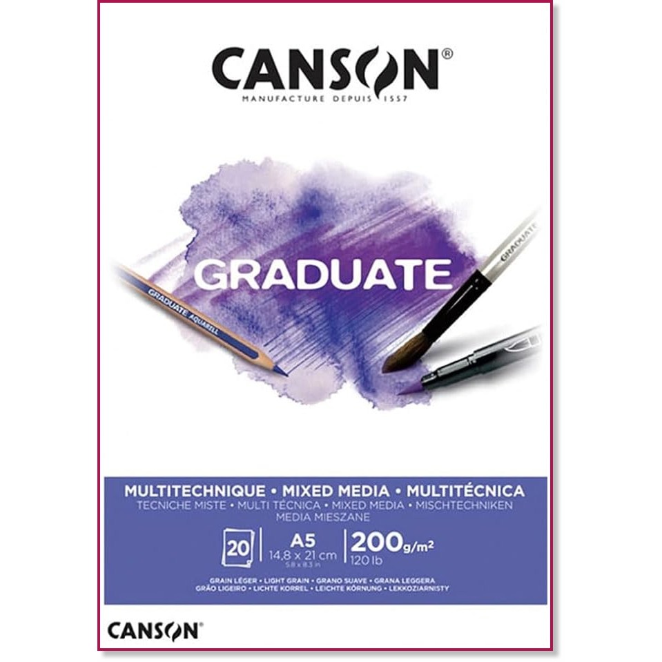 Скицник за смесени техники Canson Mixed Media Скицник за смесени техники Canson Mixed Media - 20 листа, A5, 200 g/m<sup>2</sup> от серията Graduate - скицник