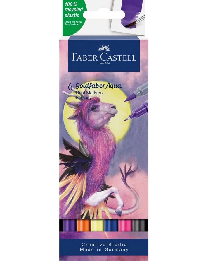 Двувърхи акварелни маркери Faber-Castell Aqua Fantasy Двувърхи акварелни маркери Faber-Castell Aqua Fantasy - 6 цвята от серията Goldfaber -