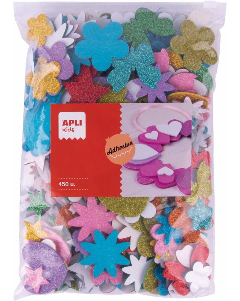 Самозалепващи форми с брокат от EVA пяна Apli Kids Самозалепващи форми с брокат от EVA пяна Apli Kids - 450 броя -