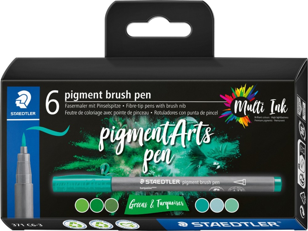 Маркери с връх тип четка Staedtler Pigment Arts 371 Greens and Turquoise Маркери с връх тип четка Staedtler Pigment Arts 371 Greens and Turquoise - 6 цвята -