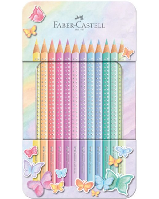 Цветни моливи Faber-Castell Цветни моливи Faber-Castell - 12 пастелни цвята в метална кутия от серията Sparkle -