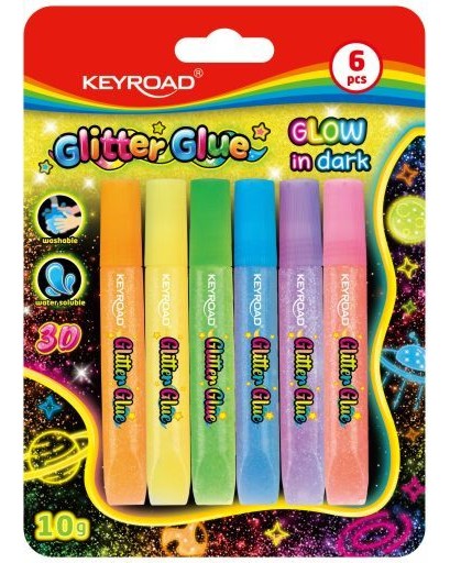 Светещо на тъмно лепило с брокат Keyroad Светещо на тъмно лепило с брокат Keyroad - 6 цвята x 10 g -