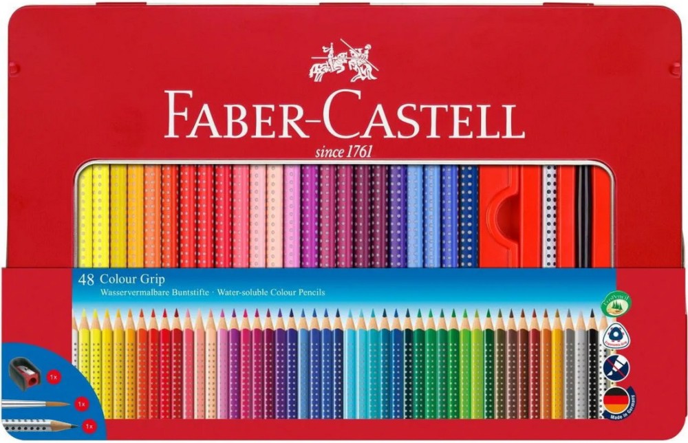 Акварелни моливи Faber-Castell Color Grip Акварелни моливи Faber-Castell Color Grip - 48 цвята с четка, острилка и графитен молив в метална кутия -