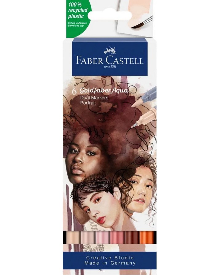 Двувърхи акварелни маркери Faber-Castell Aqua Portrait Двувърхи акварелни маркери Faber-Castell Aqua Portrait - 6 цвята от серията Goldfaber -