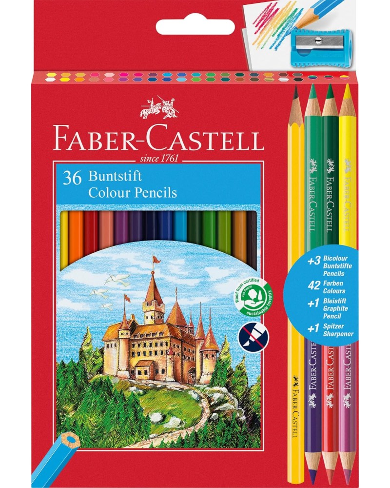 Цветни моливи Faber-Castell - Замък Цветни моливи Faber-Castell - Замък - 39 броя, острилка и графитен молив -